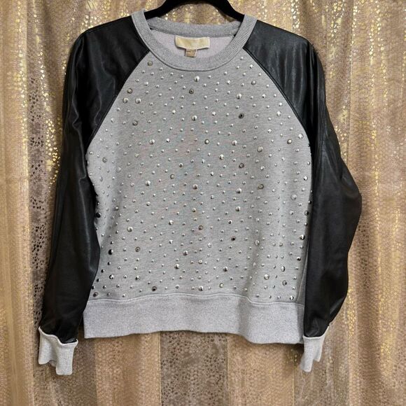 Michael Kors Gray Black Studded Raglan Faux Leather Sleeve Sweater Small - Picture 1 of 12